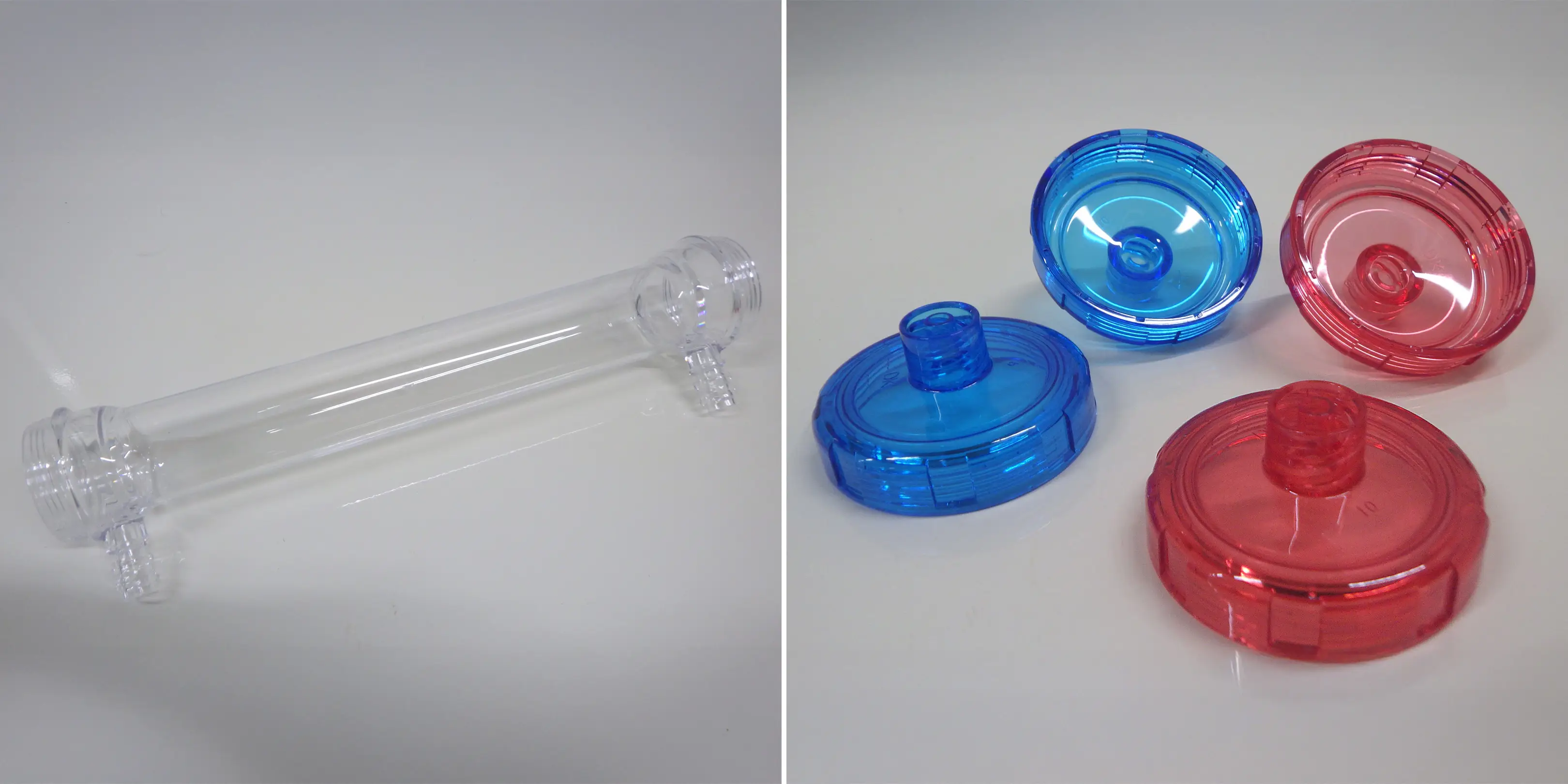 ダイアライザー、ヘモダイアフィルターのケース（左）とキャップ（右）